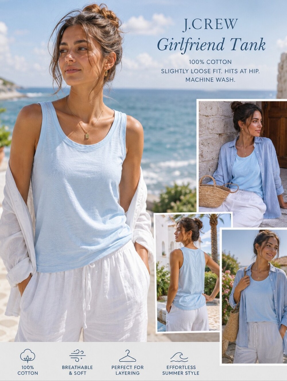 J.Crew Girlfriend Tank Top Small Blue Relaxed Cotton Coastal Basic